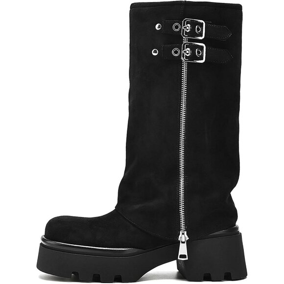 Women's All Black Chunky Slouchy Fold Over Wide Calf Buckle Knee High Boots - Picture 4 of 5